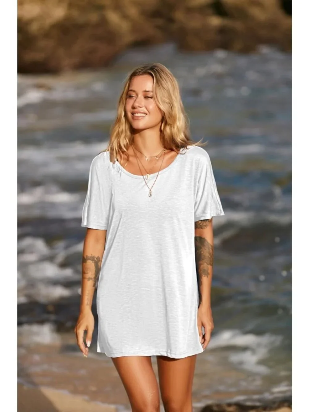 Women's White Stylish Short Sleeve Cover Ups for Beach Bathing Suit Swimwear